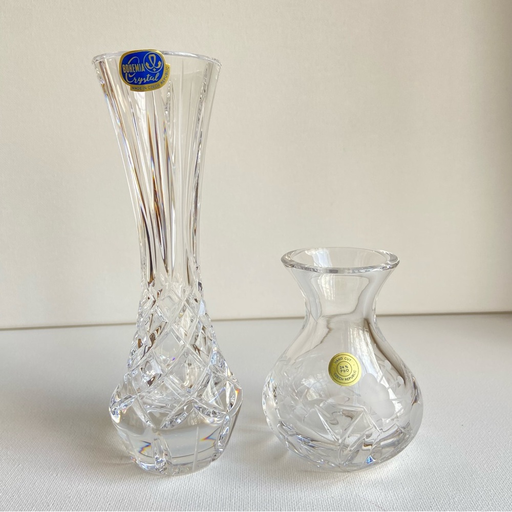 Two Bohemia Crystal Czech Republic hand cut little bud vases clear lead crystal